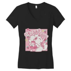 Cat With Strawberry Milk Women's V-Neck T-Shirt -ThreadNest Store pd.2526518609.72.25091924.s3.1 front black ffffff none x0y25 138 800x800 1