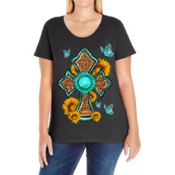 Western Gemstone Cross With Sunflowers And Butterf Ladies Curvy T-Shirt
