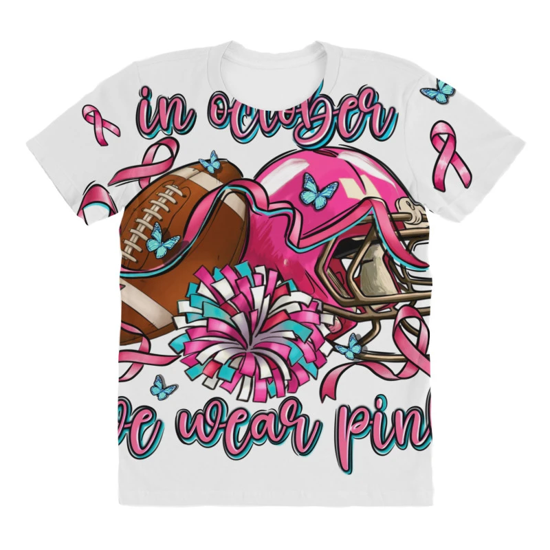 In October We Wear Pink Football All Over Women's T-shirt 3 In October We Wear Pink Football All Over Women's T-shirt - Image 3