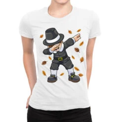 Dabbing Pilgrim Boy Thanksgiving Day Funny Dab Boy Ladies Fitted T-Shirt