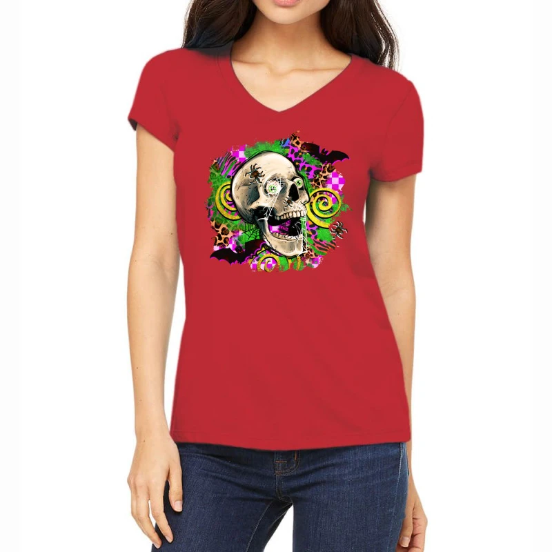 Halloween Skull Women's V-Neck T-Shirt 1 Halloween Skull Women's V-Neck T-Shirt