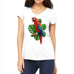 Macaw Parrot With Tropical Leaves Women's V-Neck T-Shirt