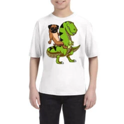 Pug Dog Riding T Rex Dinosaur Youth Tee