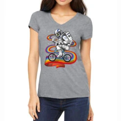 Trippy Astronaut Riding Bicycle Women's V-Neck T-Shirt