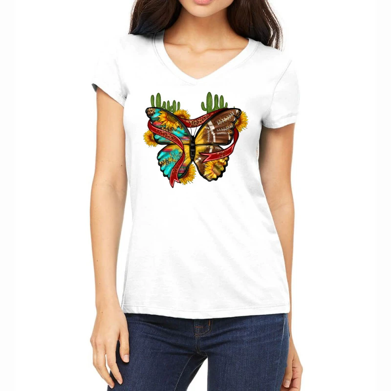 Western American Football Butterfly Women's V-Neck T-Shirt 1 Western American Football Butterfly Women's V-Neck T-Shirt