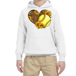 Western Softball Heart With Sunflowers Youth Hoodie