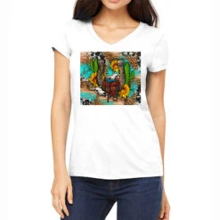 Western Horseshoe Saddle And Sunflowers Women's V-Neck T-Shirt